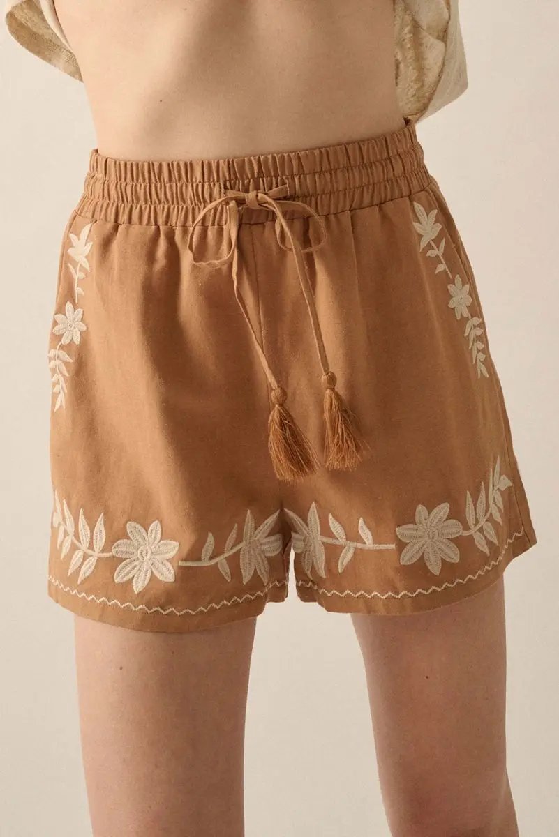 Khaki Embroidered Boho Tasseled Drawstring Elastic Waist Shorts - Love Salve